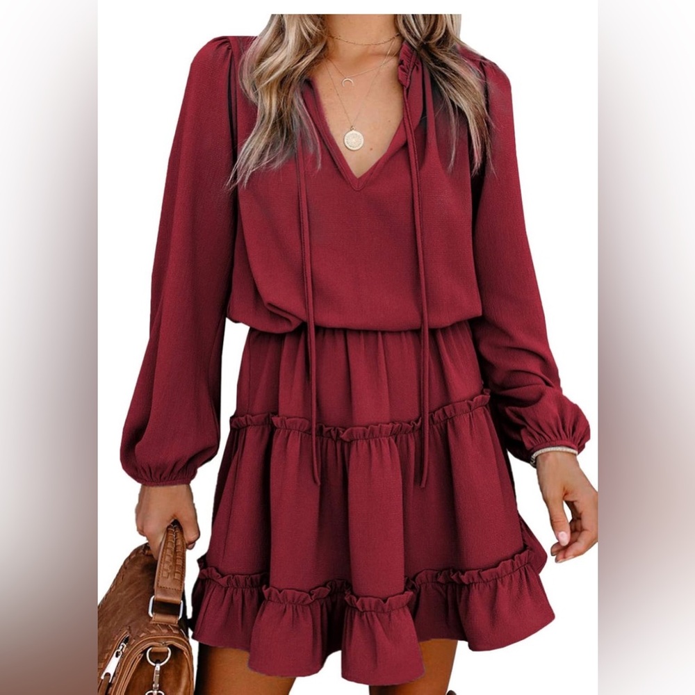 Womens Red Tiered V-Neck Long Sleeve Dress